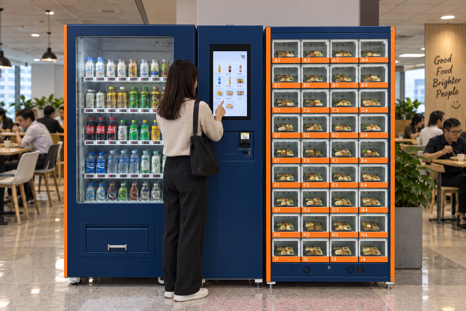 公司用餐情境示意：主機搭配冷藏飲料軌道櫃及熟食便當格子櫃